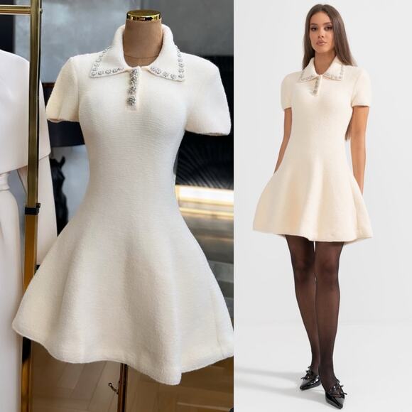 Sierra Darien Elegant Ivory Soft Knit Mini Dress with Crystal Embellished Collar - Picture 6 of 16